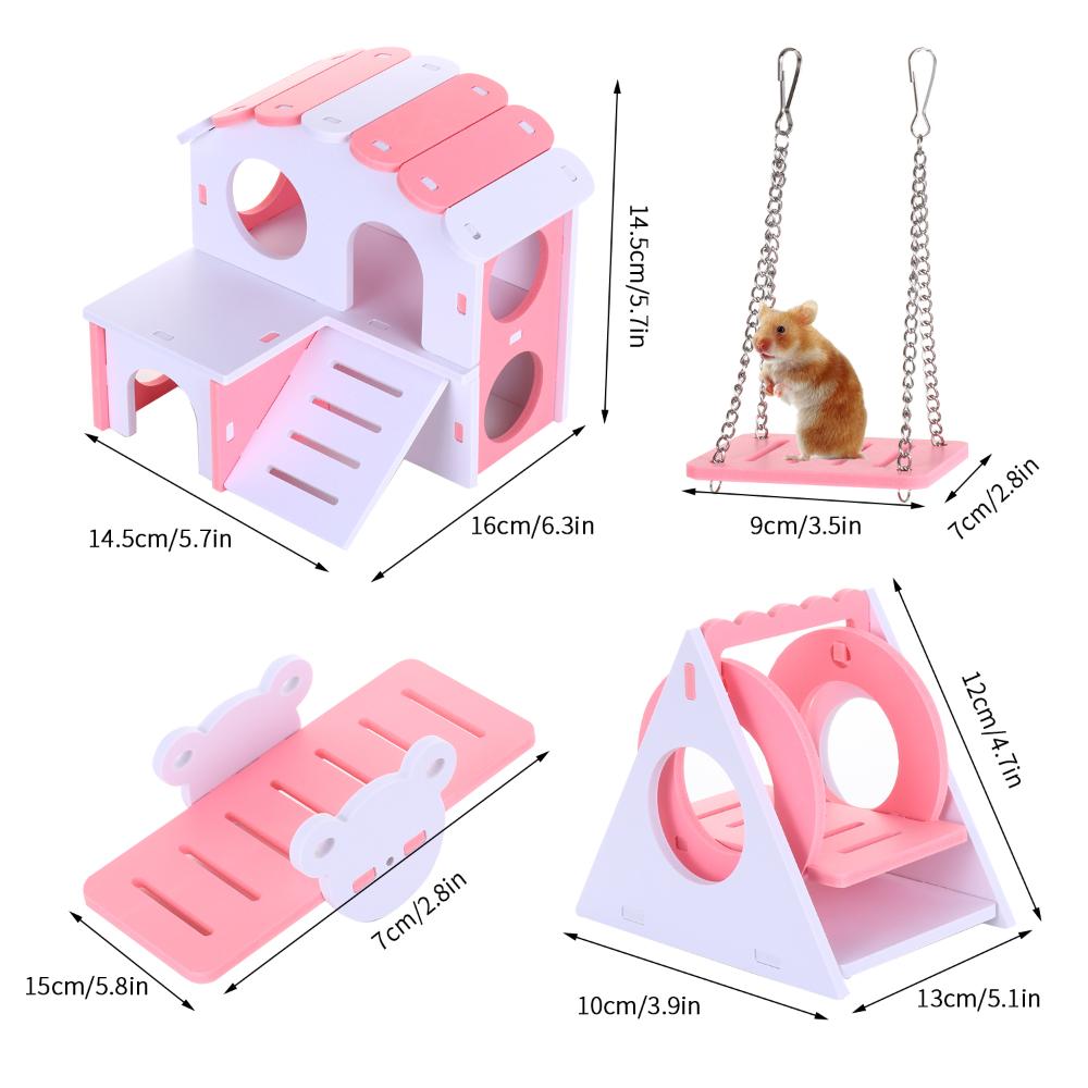 4Pieces Pink Exercise Wooden Hamster House Hamster Toys Set Hamster Toys Hamster Cage
