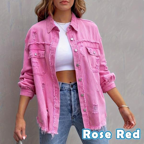 Jacken für Damen, Basic-Jeansjacke mit zerrissenen Fransen, lässig, einfarbig, langärmelig, mit Knopfleiste