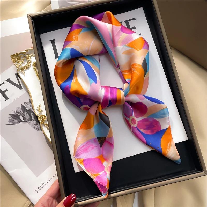 Luxury Brand Silk Square Scarf Women Cat Neck Hair Tie Band Beach Hijab Kerchief Head Headbands Bandana Female Foulard 70cm