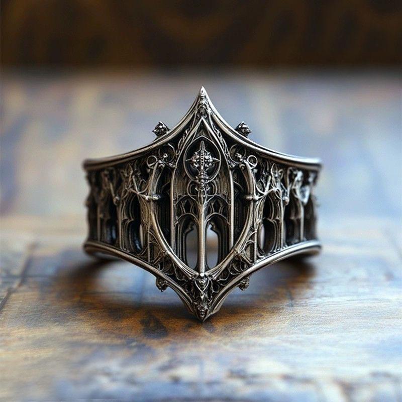 Vintage Gothic Style Ring with Intricate Architectural Design Engraved Pattern Adjustable Band for Men and Women