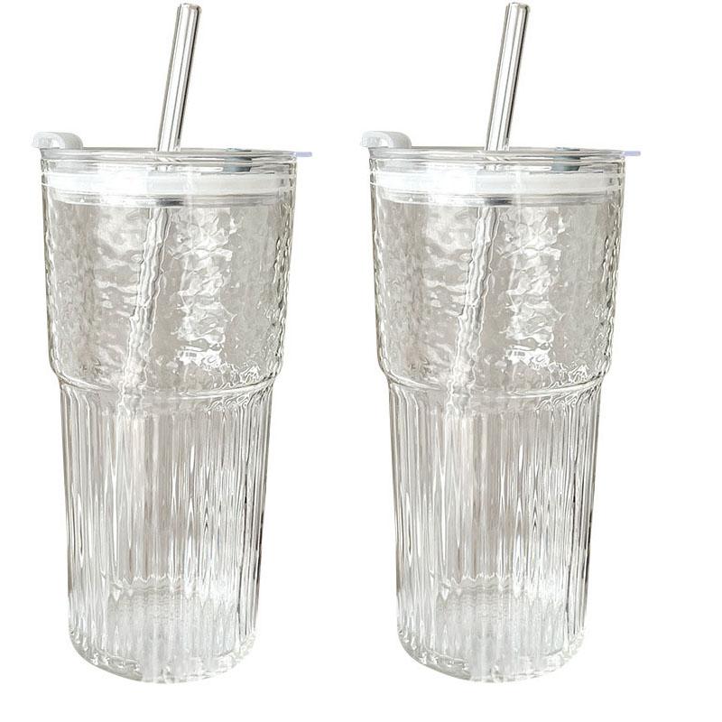 2/4 Stück 600 ml Glasgeschirr Glasbecher mit Deckel und Strohhalm Trinkgläser Cocktail Bier Eiskaffeebecher Saft Teetasse Wasserbecher