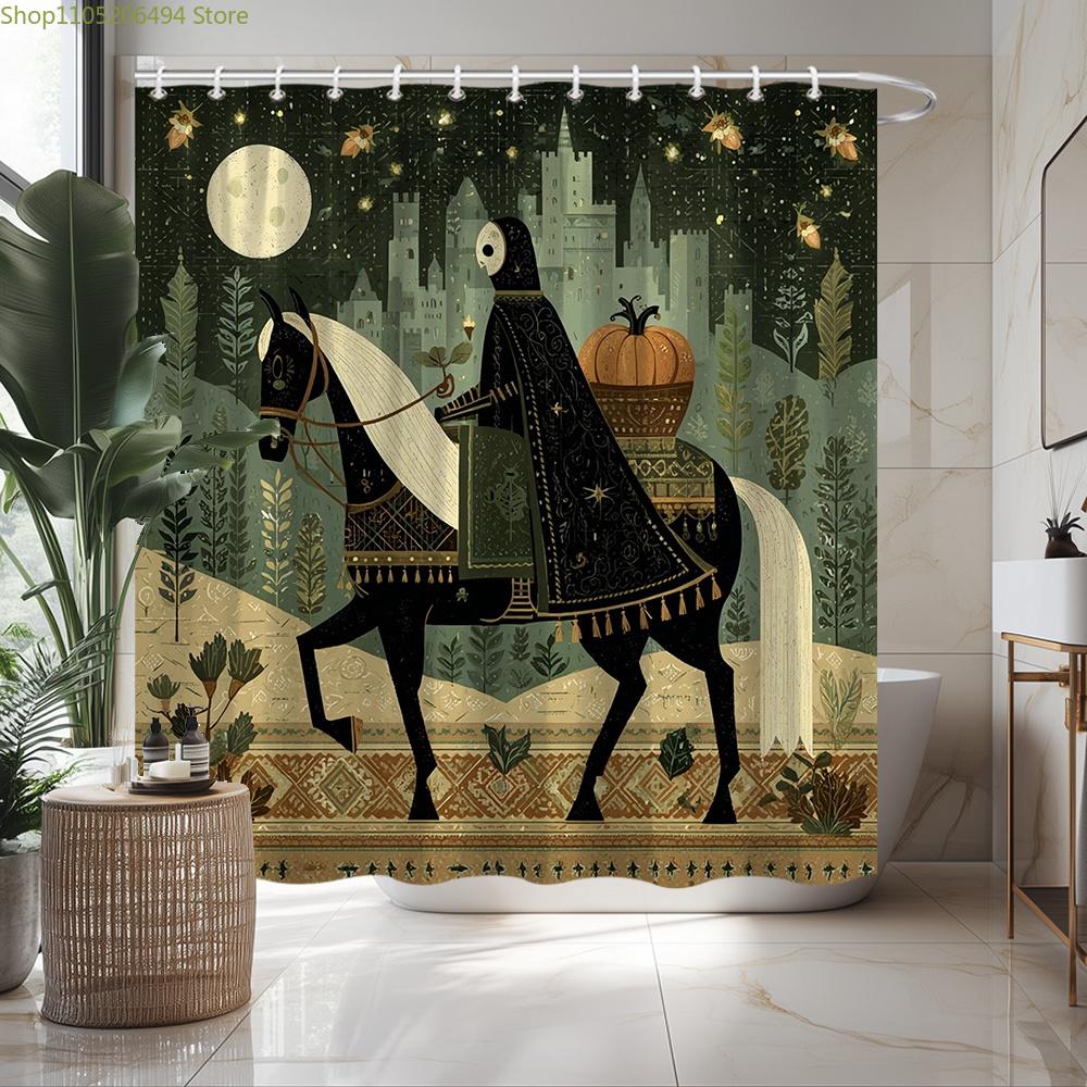 1pc Large Gothic Medieval Knight & Witch Shower Curtain - Horse Rider with Pumpkin, Castle & Moon Design, Dark Green/Brown/Gol