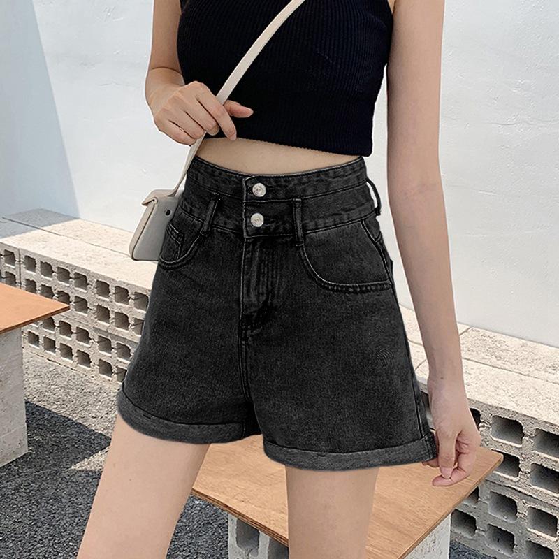 Classic and Minimalist Fashion Versatile High Waist Female Summer Double Buckle Loose Thin Wide Leg Rolled A Word Super Denim Shorts Individuality