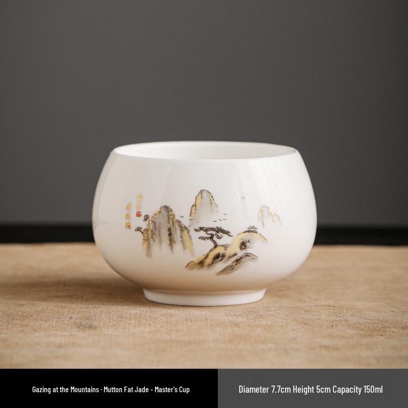 Jade Trim Sheep Fat Porcelain Tea Cup - Ceramic Kung Fu Master Cup