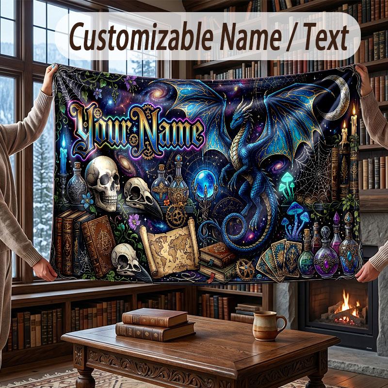 Fantasy Magic Theme Throw Blanket Custom Name Text Personalized Blanket Soft Cozy Blanket for Home Sofa Bed