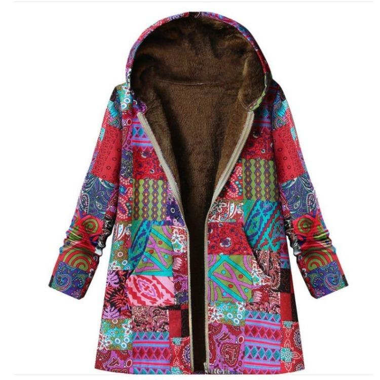 Ladies Warm Cotton and Linen Coat Autumn Winter New Thick Zipper Hooded Print Pocket Coat