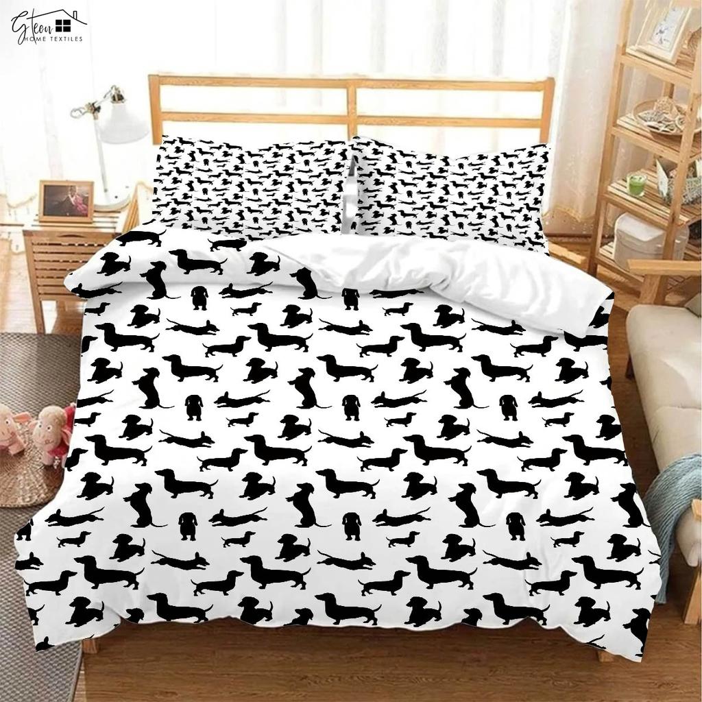 Funny Cartoon Dog Print Quilt Cover Kids Gift 100% Polyester Bedding Set Pillowcase Quilt Cover Three-Piece Set Machine Washable