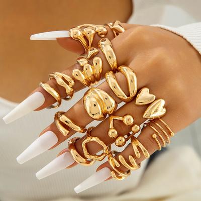 Jewelry Personalized Alloy Irregular Water Drop Smooth Surface Curved Exaggerated Love 16 Pieces Ring Set Women