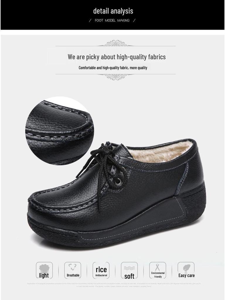 Damen Loafer mit Plateau aus echtem Leder im koreanischen Stil - Samt, Baumwolle, dicke Sohle, höhenerhöhend, lässige, vielseitige, warme Schuhe