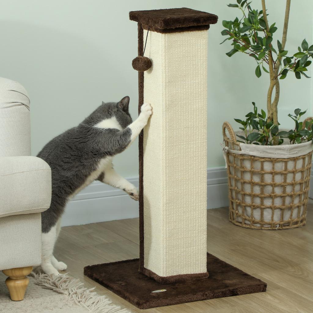 Griffoir pour chat de 81 cm, Griffoir vertical complet avec corde en sisal naturel, Boule suspendue, Peluche douce - Marron