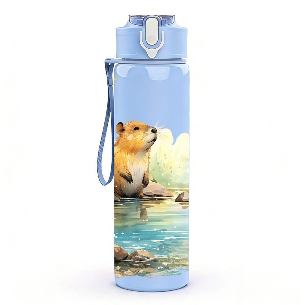 1PC Beaver River Water Scene Print 750ml Color Plastic Sports Water Bottle Leakproof Flip Straw Lid Suitable for Sports Office Home Use