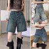 Women Denim Shorts High Waist Vintage Washed Straight Wide Leg Pure Color Button Zipper Closure Streetwear Knee Length Jeans Short Pants Plus Size