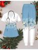 3D Flower Printed Women's Nurse Uniform Set Short Sleeve Long Pants with Pocket Casual Fashionable Christmas Gift