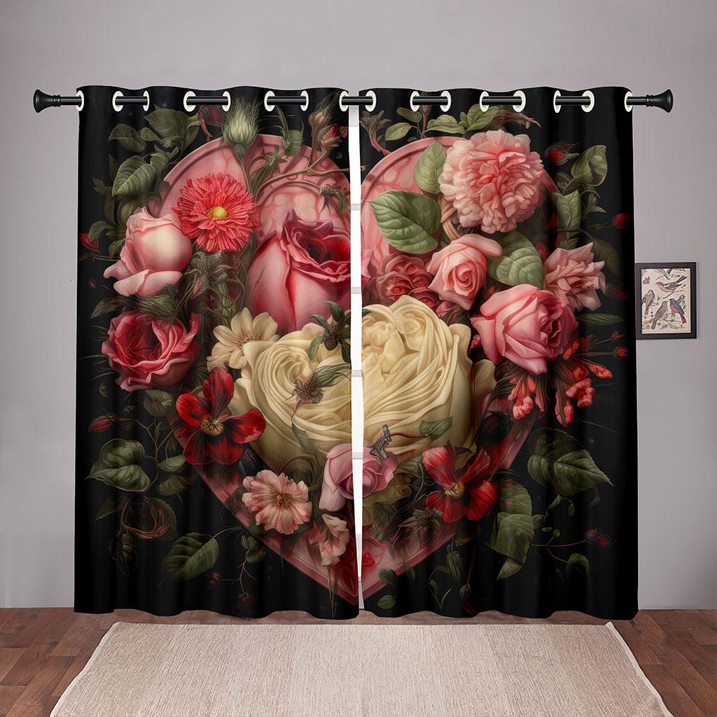 2 Stuks Vintage Roos Liefde Hart Gordijnen Valentijnsdag Rood Bloemenpatroon Woonkamer Slaapkamer Keuken Balkon Decor Gordijnen