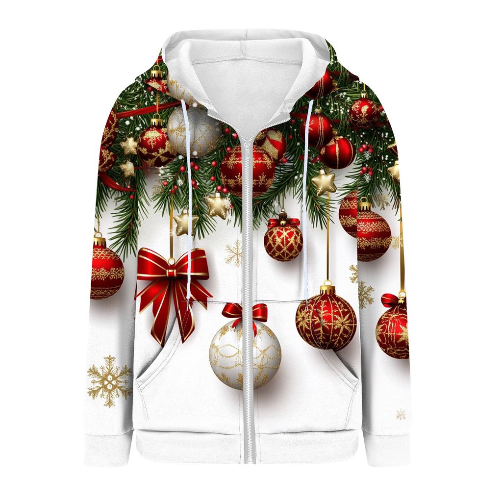 Women's Christmas Printed Sweatshirt Winter Long Sleeve Cardigan Jacket With Pockets Zipper Hoodie Outerwear