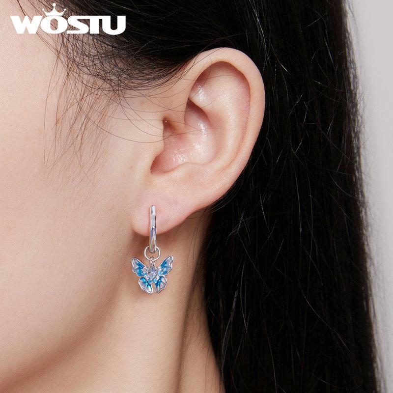 WOSTU 925 Sterling Silver Blue Butterfly Drop Hoop Earrings Women Dreamy Zircon oil printed Ear Clips Statement Wedding Jewelry