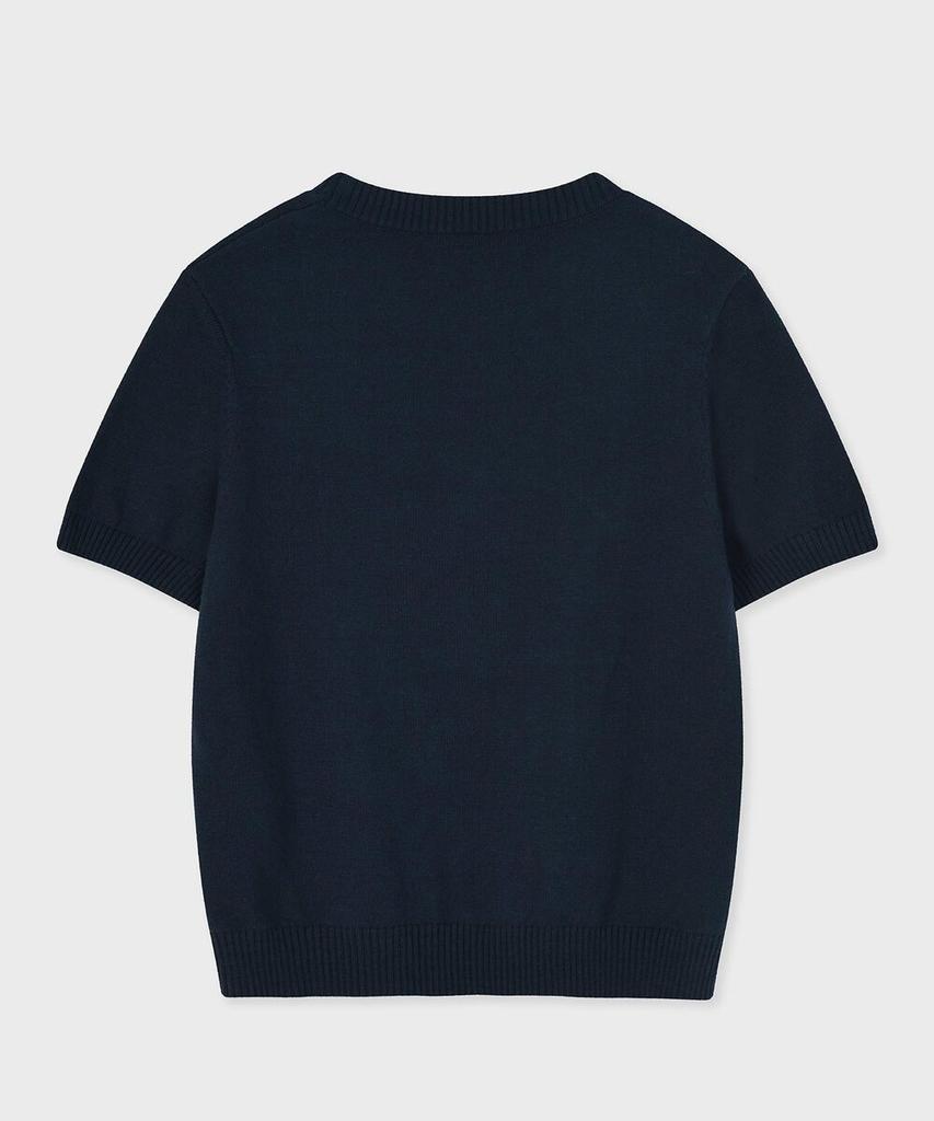 FALLETT Drawing Flower Short Sleeve Knit Navy