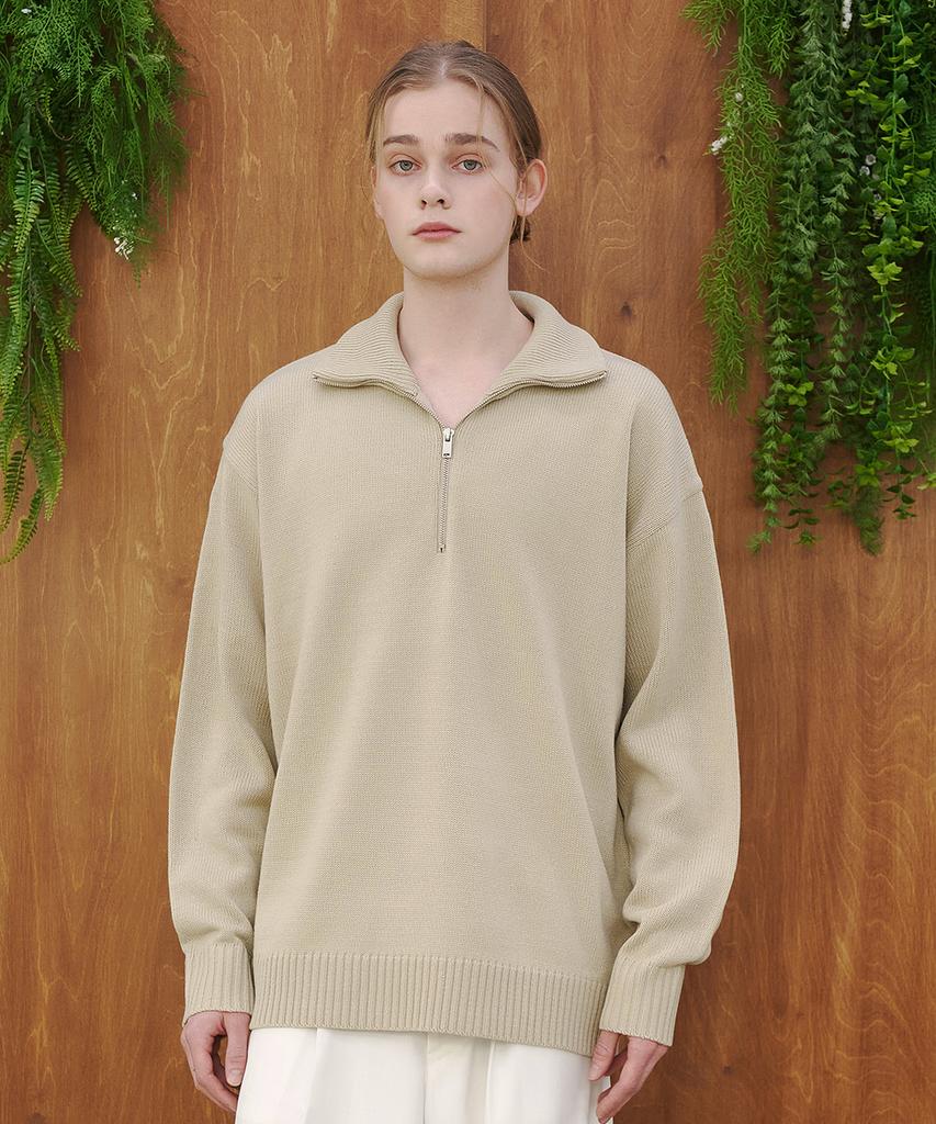 BLOND9 Plain Half Zip Knit Top_Beige