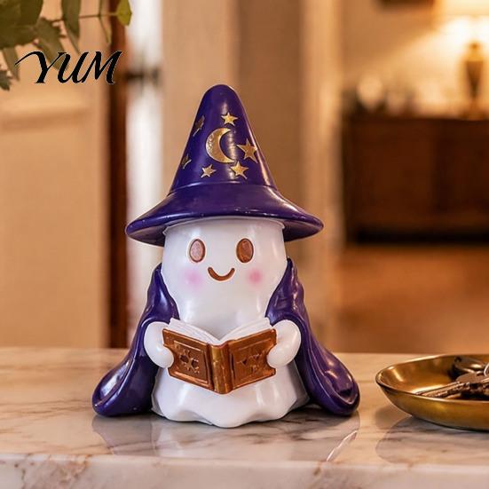 Whimsical Ghost Sculpture Lighted Figurine, Resin Wizard Statue with LED Light, Cute Indoor Halloween Accessories Reading Book Night Light for