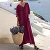 Cotton Linen Dresses for Women Long Sleeve V Neck Maxi Sundress Casual Beach Long Dress with Pockets