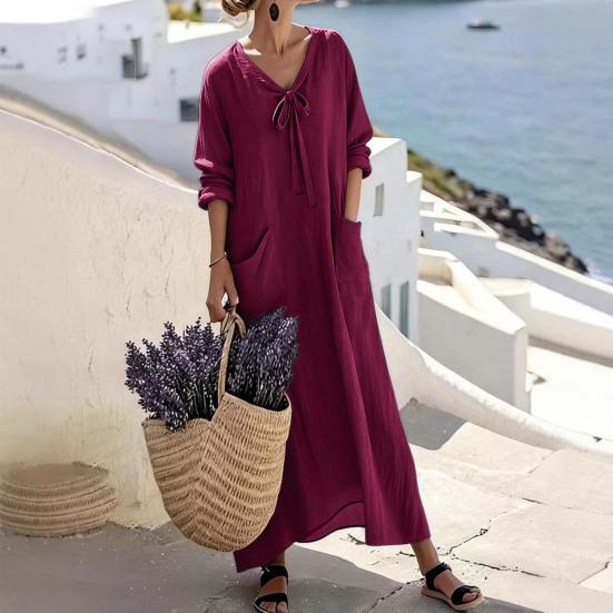 Cotton Linen Dresses for Women Long Sleeve V Neck Maxi Sundress Casual Beach Long Dress with Pockets