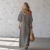 Women's One Shoulder Puff Short Sleeve Vertical Stripe Loose Pocket Flowy Maxi Casual Dress