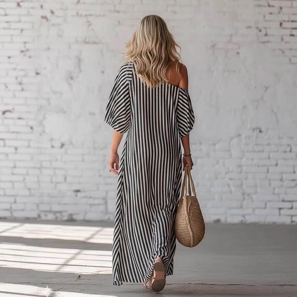 Women's One Shoulder Puff Short Sleeve Vertical Stripe Loose Pocket Flowy Maxi Casual Dress