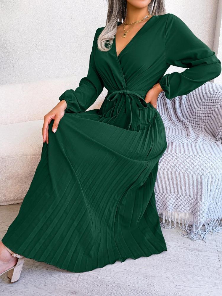 Elegantes Damen Plissee Maxikleid Langarm V-Ausschnitt