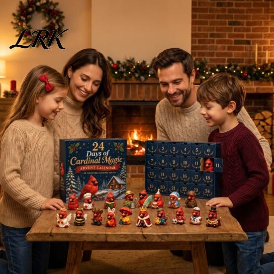 Numbered Hidden Drawer Box Red Bird Christmas Advent Calendar, 24 Unique Miniature Holiday Ornament Set Figurines, Tree Hanging Ornaments for
