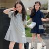 Girls Summer Polo Collar Pleated Dress Middle Kids Preppy Flip Collar Skirt Chic Princess Dress
