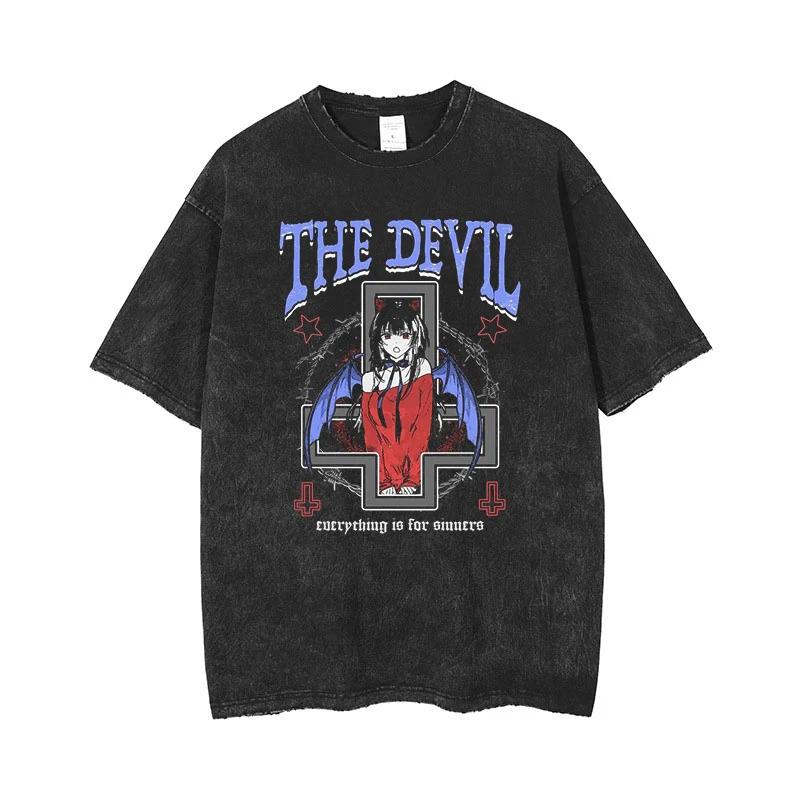 Anime Women's T-Shirt Gothic Printed T-Shirt Hip Hop Streetwear Punk Summer Vintage Washed Oversized Top Women's Clothing