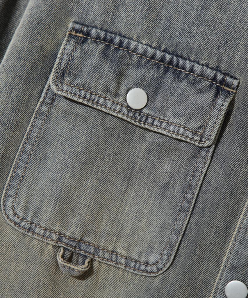 TRILLION Leather Patch Oversized Work Denim Long Sleeve Shirt_Sand Blue