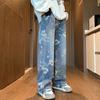 Men Jeans Mid-rise Flower Printed Straight Wide Leg Long Pants with Pockets Zipper Fly Loose Fit Denim Pants