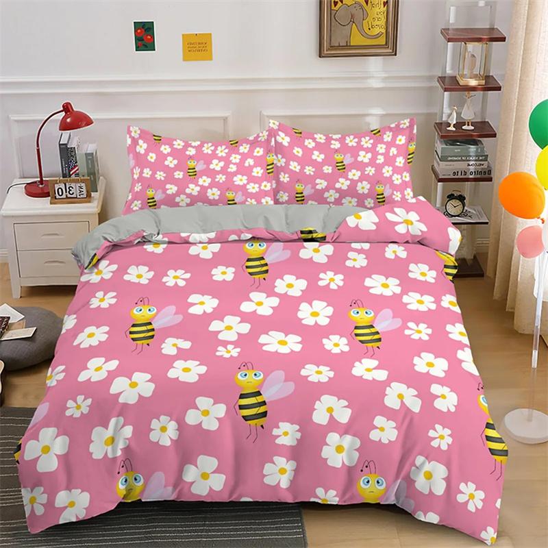 Housse de couette Abeille Cartoon Joli Thème Animaux Volants Jaunes pour Enfants Garçons Filles Cadeaux Femmes Belles Fleurs Décoration de Chambre