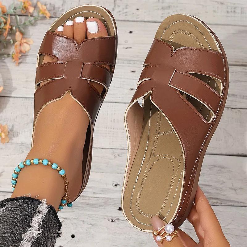 Women's Casual Wedge Slippers Summer 2026 Lightweight Non Slip Beach Sandals Woman PU Leather Woven Platform Slippers Plus Size