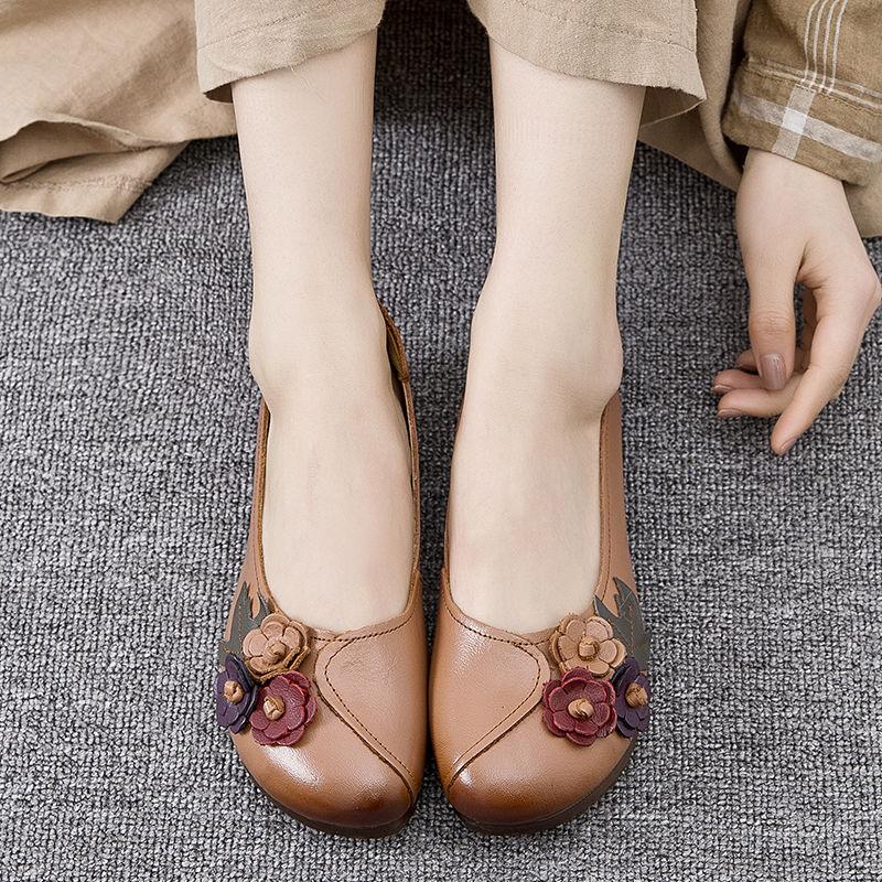 Women's Flats Summer Retro Genuine Leather Moccasins Soft Oxford Mom Casual Shoes Flower Breathable Loafers Zapatos Mujer
