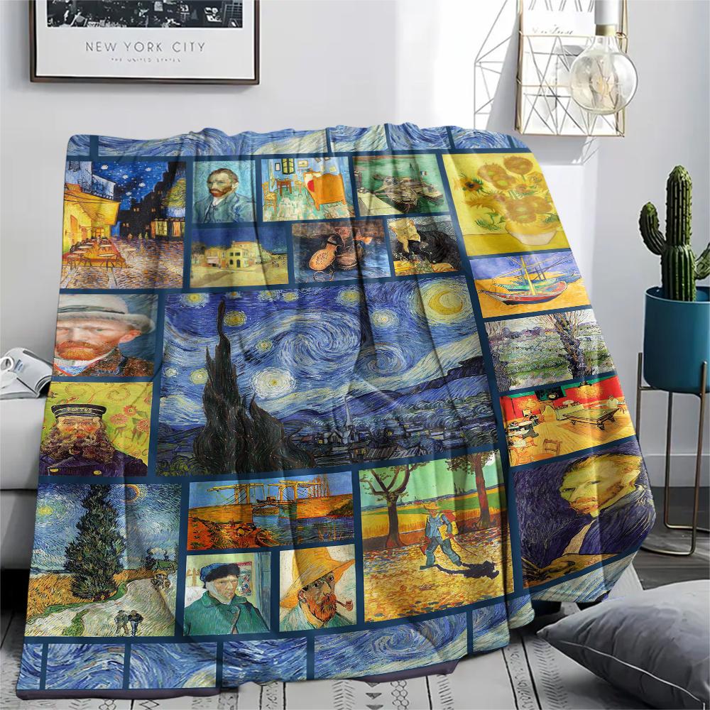1Pc Van Gogh Painting Print Flannel Blanket, High Quality Comfortable for All Seasons, Home Decor, Warmth and Comfort, Perfect for Christmas Gifts