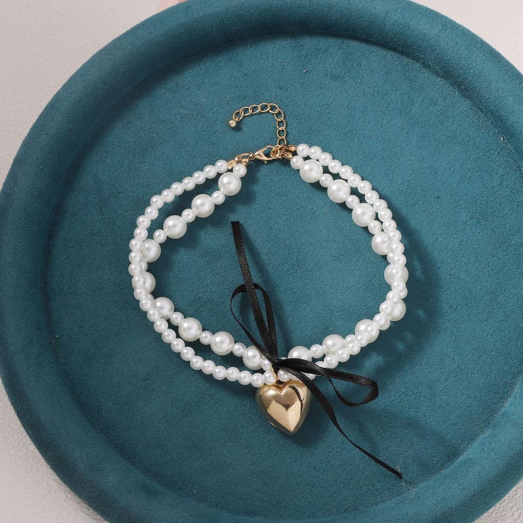 French Sweet and Cool Baroque Double-layer Imitation Pearl Love Bow Light Luxury High-end Design Clavicle Chain Necklace
