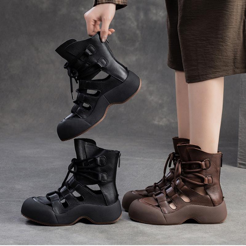 Johnature Fashion Sandals Genuine Leather Retro Hollow-out Breathable Summer Boots Versatile Women's Shoes