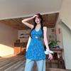 Petite French Blue Floral Dress for Women, New Summer Elegant Seaside Resort Short Dress