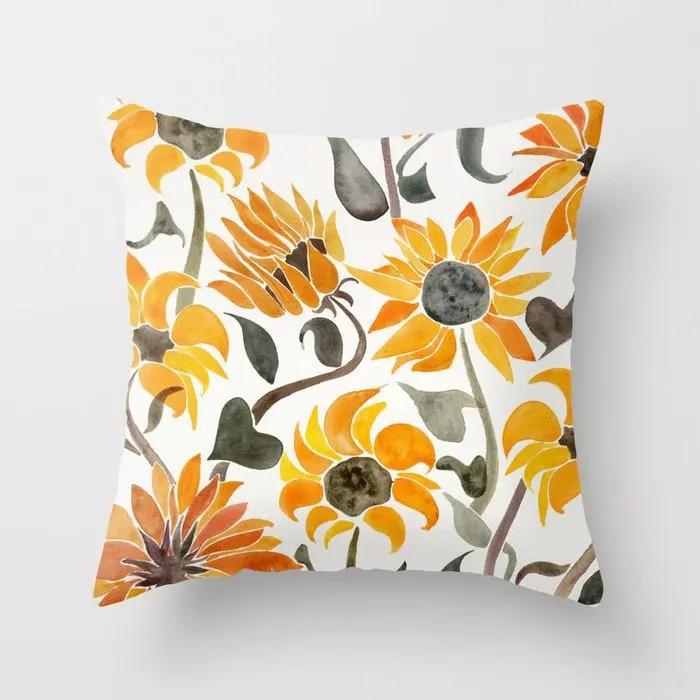 Yellow Sunflower Cushion Cover Peach Skin Rural Flower Throw Pillowcase Sofa Living Room Home Decor Decorative Pillow Case 40X40