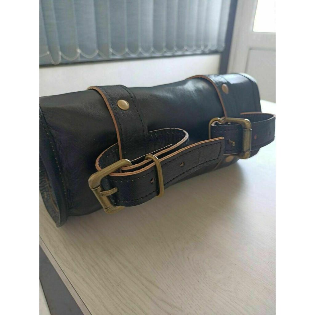 Motorcycle Goat Leather Black Front Fork Luggage Saddle Bag Storage Tool Pouch