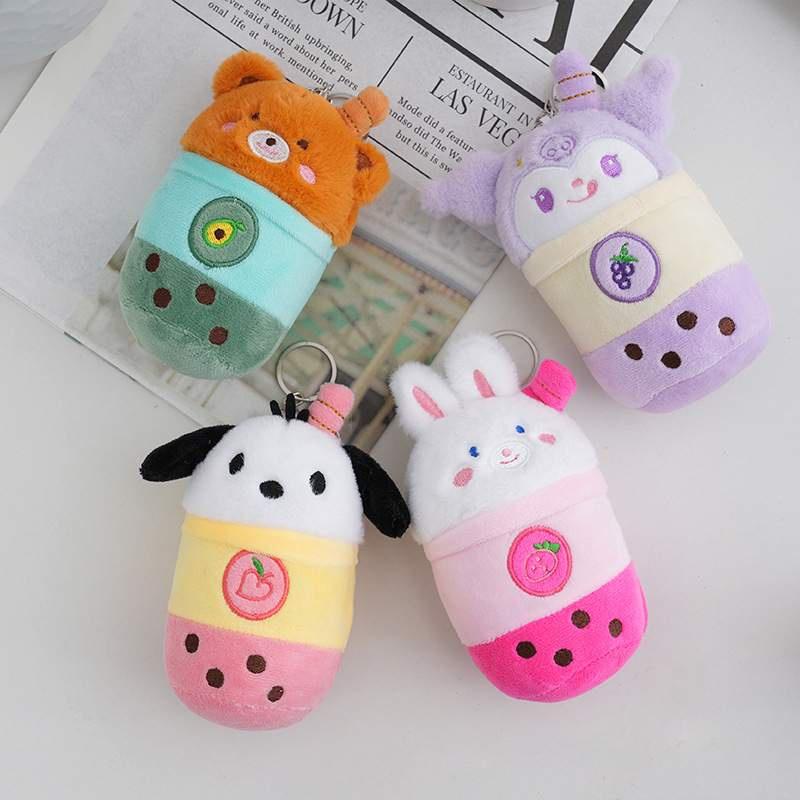 Cute Panda Milk Tea Cup Keychain Plush Toy Couple Bag Pendant Rabbit Stuffed Animal Gift