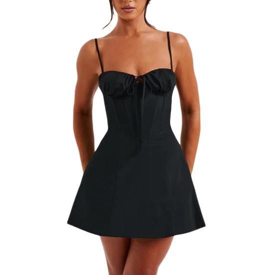 Women Sexy Dress Sling Sleeveless Backless Cocktail Party Dress Solid Color Lace-up Suspender Above Knee Length Dress