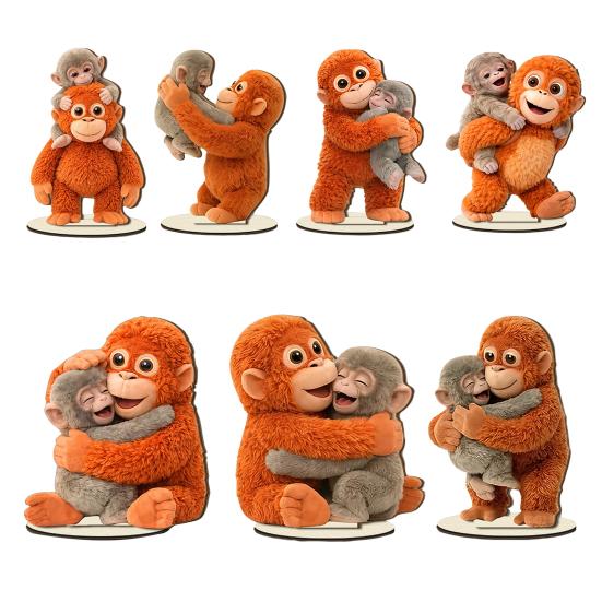 Cute Monkey Table Sign 2D Baby Monkey Holding Plush Toy Wooden Desktop Ornaments for Home Office Decor Heartwarming Gifts for Friends