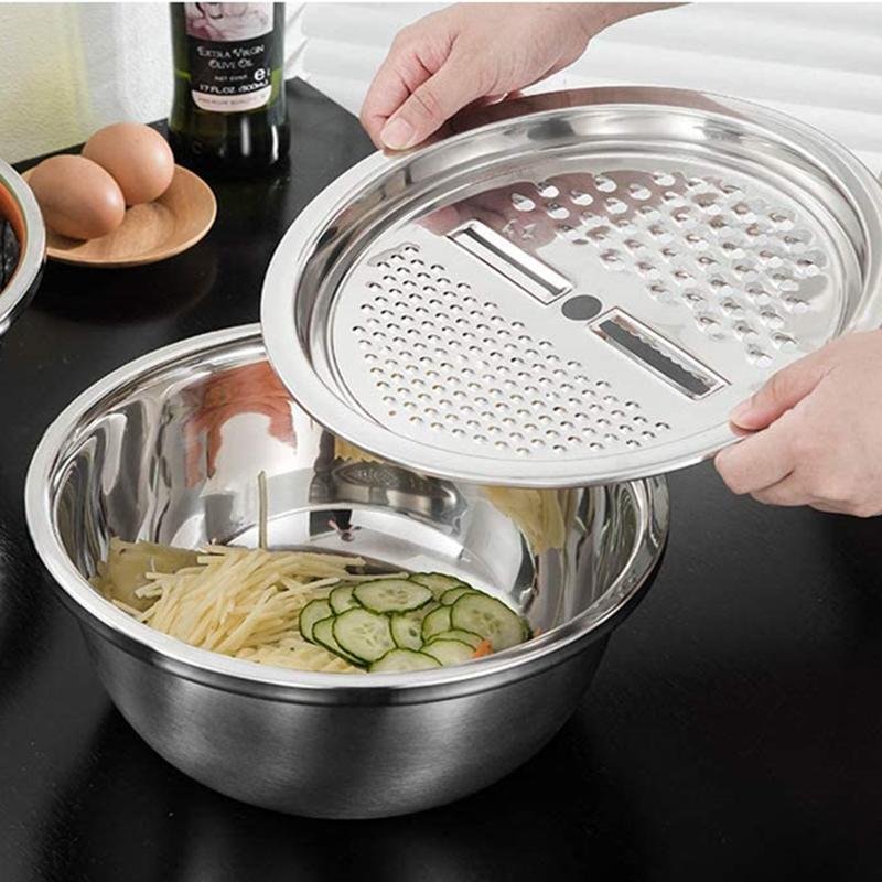 Multifunctional 3-in-1 Colander with Bowl Grater Stainless Steel Strainer Drain Basket Salad Slicer
