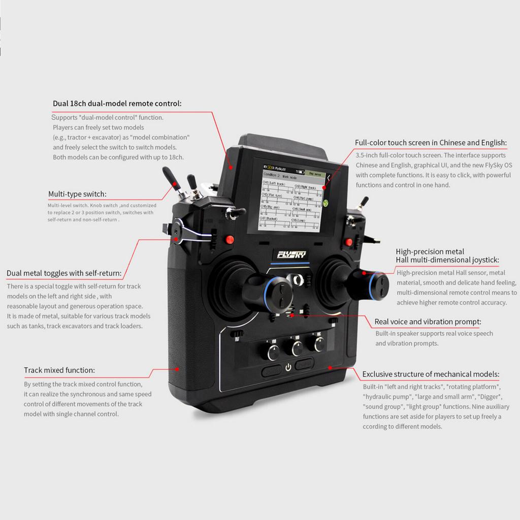 Vysílač FLYSKY 2.4G 18CH 5D Hallův senzor Gimbals AFHDS 3 Radio 3,5 palcový TFT dotykový displej pro