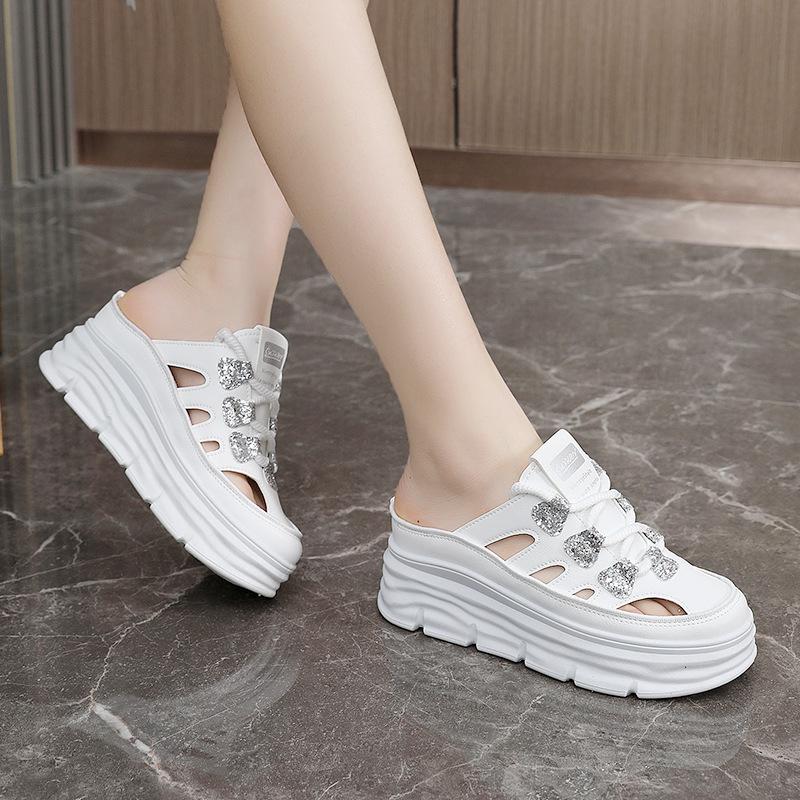 W3650 Women's Summer White Hollowed-Out Height-Increasing Thick-Soled Casual Sandals