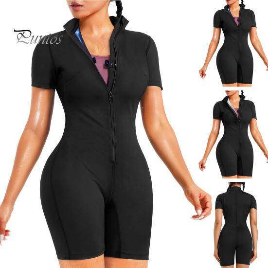 Sport Sweat Romper Compression Zipper Closure Stand Collar Sauna Suit Short Sleeves Calorie Burning Workout Sweat Suit High Elastic Waist Trainer