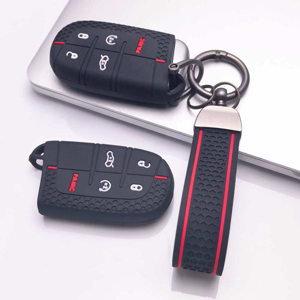 Key Fob Cover for Jeep Cherokee Durango Challenger Charger Grand 300 200 with Keychain Anti-Scratch Guard Shockproof Protection Soft Grip Texture